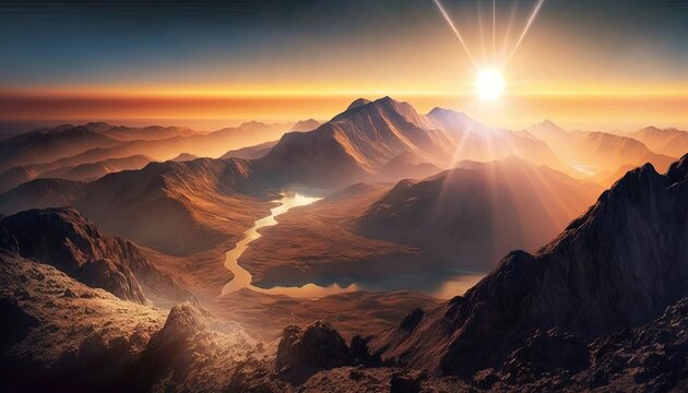  a computer generated image of a mountain range with a river running through the center of the mountain range and the sun rising over the mountains.  generative ai