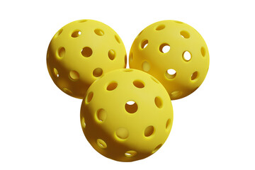 Pickleball three yellow sports balls on an isolated background. Closeup 3D rendering