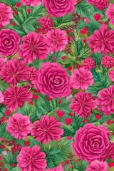 Fototapete Rund Beautiful Pink roses and daisies, green leaves valentines day print pattern portrait mode background wallpaper illustration © Nalin