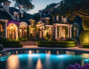 Fototapeta premium Luxury mansion with pool at dusk , Generative AI