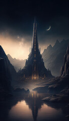 a mysterious tower in the center of an elven city on a plain in Waterfalls. Fantasy