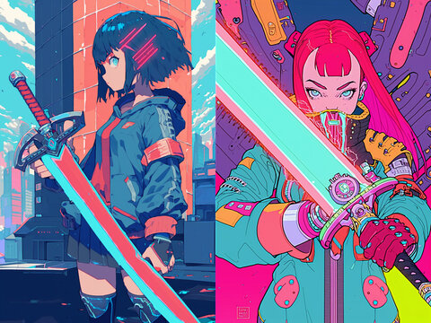 Portrait of anime cyber girls with huge light sword. Illustration in the retro style film. Colorful background, collection