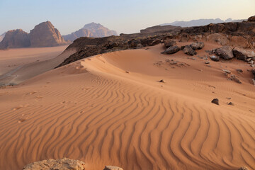 Fototapeta na wymiar landscape of wadi rum desert with red sand pattern