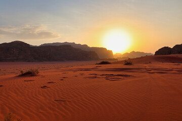spectacular sunset in wadi rum desert