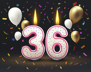 Happy Birthday years. 36 anniversary of the birthday, Candle in the form of numbers. Vector