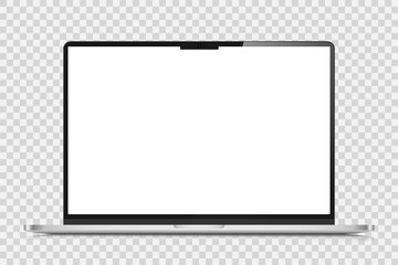 A realistic laptop with a dark silver case and a white screen. The layout of a modern laptop with a reflection on a transparent background. Vector illustration.