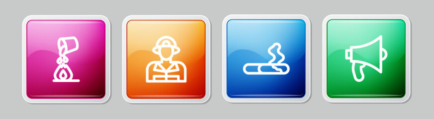 Set line Bucket extinguishing fire, Firefighter, Cigarette and Megaphone. Colorful square button. Vector