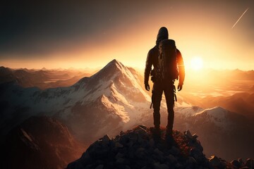 Hiker stands at peak of a mountain with a beautiful view of the sunrise, behind view, silhouette, generative ai