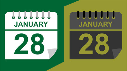 January 28 calendar date on green background or isolated icons with hollow background.