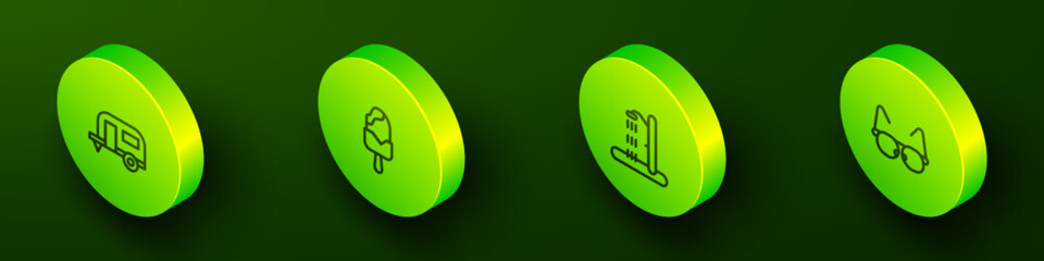 Set Isometric line Rv Camping trailer, Ice cream, Beach shower and Glasses icon. Vector