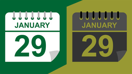 January 29 calendar date on green background or isolated icons with hollow background.