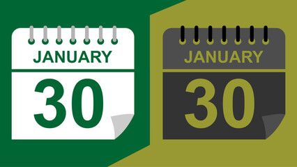 January 30 calendar date on green background or isolated icons with hollow background.