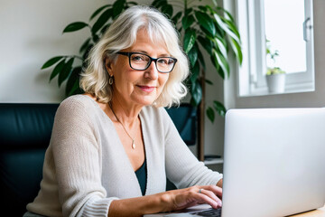 60 year old European woman, senior, working from home in front of a laptop, smiling, happy, generative ai, being on call with her team