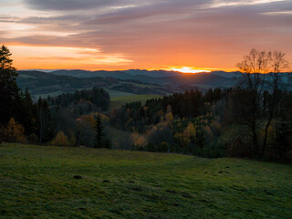 Fototapeta na wymiar Morning sunrise over the Czech mountains in autumn