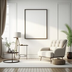 Interior of living room with sofa and coffe table. Generative AI