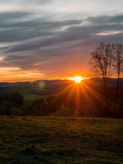 Morning sunrise over the Czech mountains in autumn