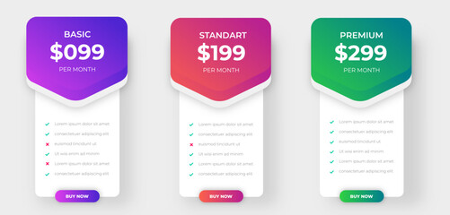 pricing table and pricing chart Price list vector template for web or app. Ui UX design tables with tariffs, subscription and business plans. Comparison business web plans, 3 column grid design. - obrazy, fototapety, plakaty
