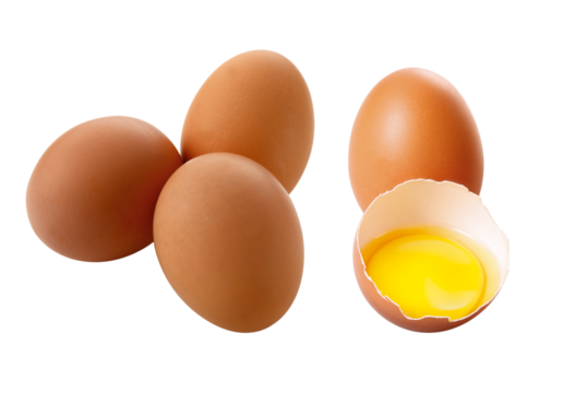Ovos vermelhos inteiros e ovo quebrado - ovo marrom de galinha caipira quebrado