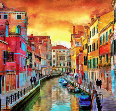 oil painting of Amazing view on the beautiful Venice, Italy. Many gondolas sailing down one of the canals. watercolor, oil on canvas, wallpaper, buildings, river, sunset, art, artwork