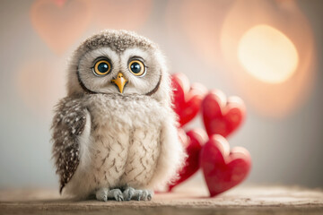 Cute owl with red hearts. Valentine's Day greeting card illustration. Romantic Valentine’s day card with owlet. Heart as symbol of love. I love you concept. Generative AI.