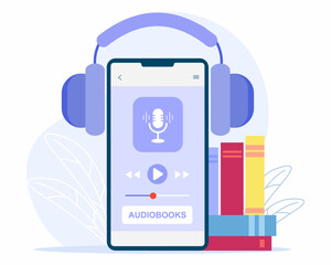 Online audiobook mobile application for smartphone screen with headphones, e-learning