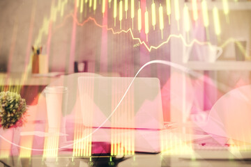 Double exposure of stock market graph drawing and office interior background. Concept of financial analysis.