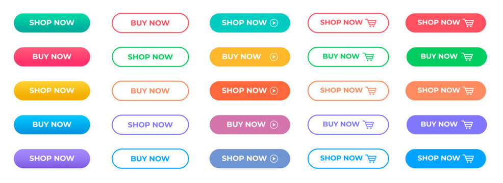 buy now or shop now button template set with multi color.