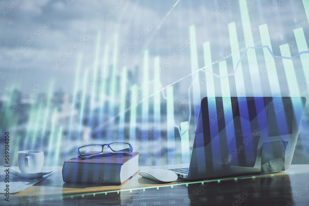 Poster double exposure of financial chart drawings and desk with open notebook background. concept of forex