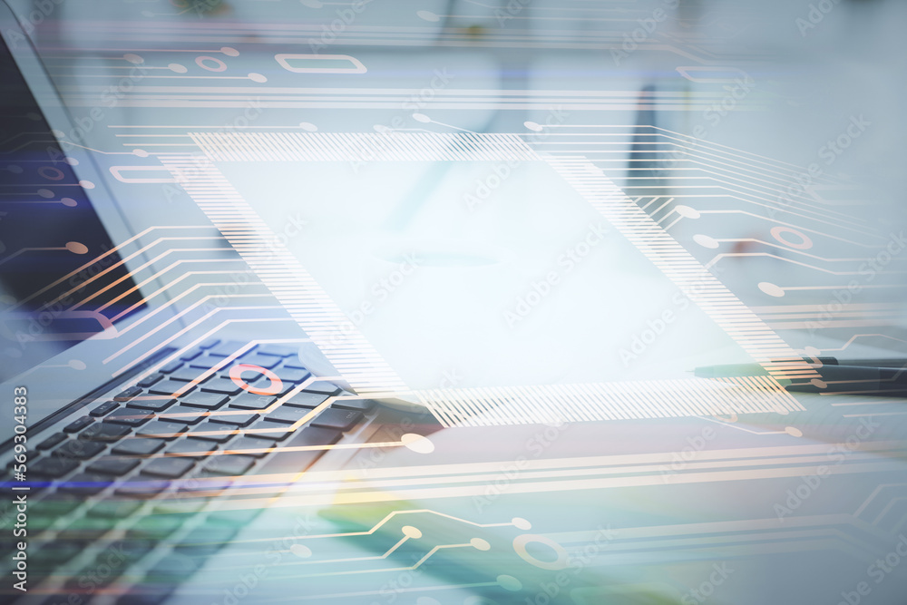 Poster Double exposure of technology theme drawing and desktop with coffee and items on table background. Concept of data research.