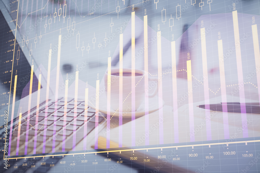 Poster double exposure of financial chart drawing and desktop with coffee and items on table background. co