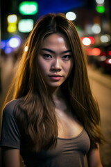 Fototapeta premium Beautiful Asian woman with long hair - street photography aesthetic - downtown - blurred background - realistic illustration - Generative AI