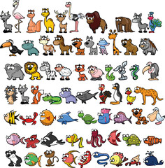Fototapeta premium Big collection of cute cartoon animals,birds and sea creatures of the world.Big fauna of the world icon set.Vector illustration isolated on white