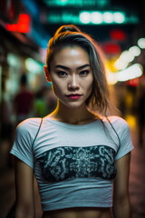 Beautiful Asian woman with short hair - street photography aesthetic - downtown - blurred background - realistic illustration - Generative AI