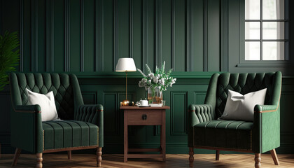 Interior design of living room with green armchairs over the dark green planks paneling wall. Home design