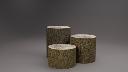 3D Renderd three wooden Stage design.3D illustration with Empty place for placing product on wooden stage