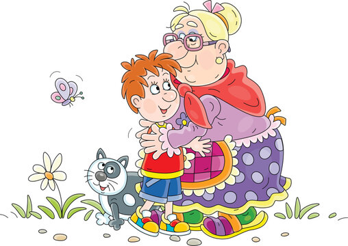 Funny granny hugging her happy little grandson, vector cartoon illustration on a white background