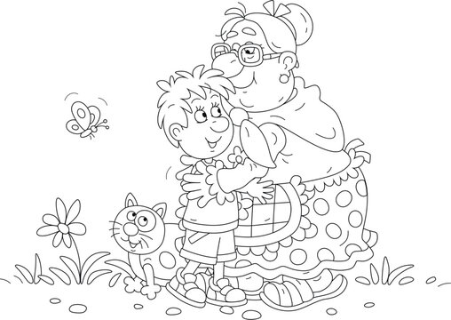 Funny granny hugging her happy little grandson, black and white outline vector cartoon illustration for a coloring book