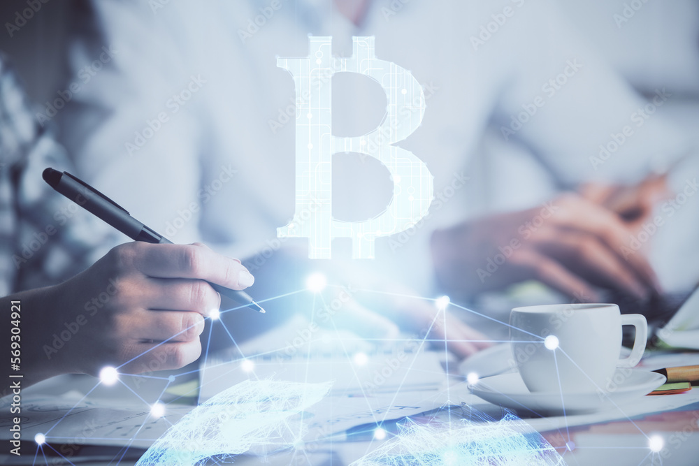 Poster double exposure of blockchain theme drawing over people taking notes background. concept of cryptocu