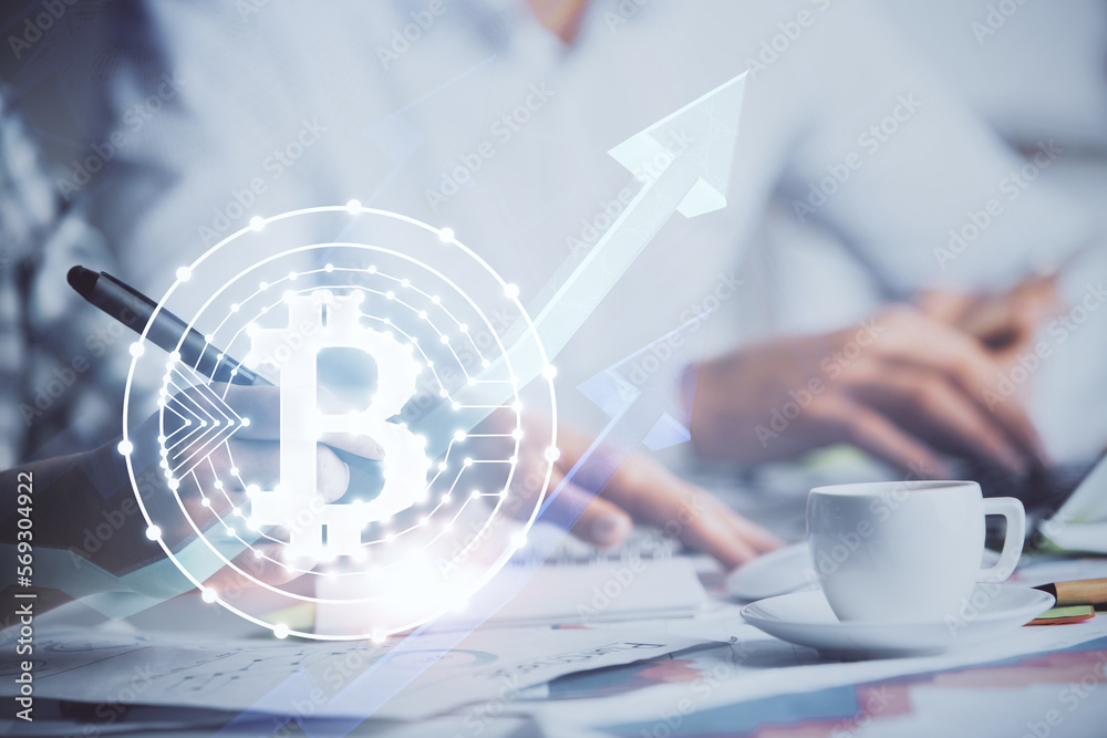 Poster double exposure of blockchain theme drawing over people taking notes background. concept of cryptocu