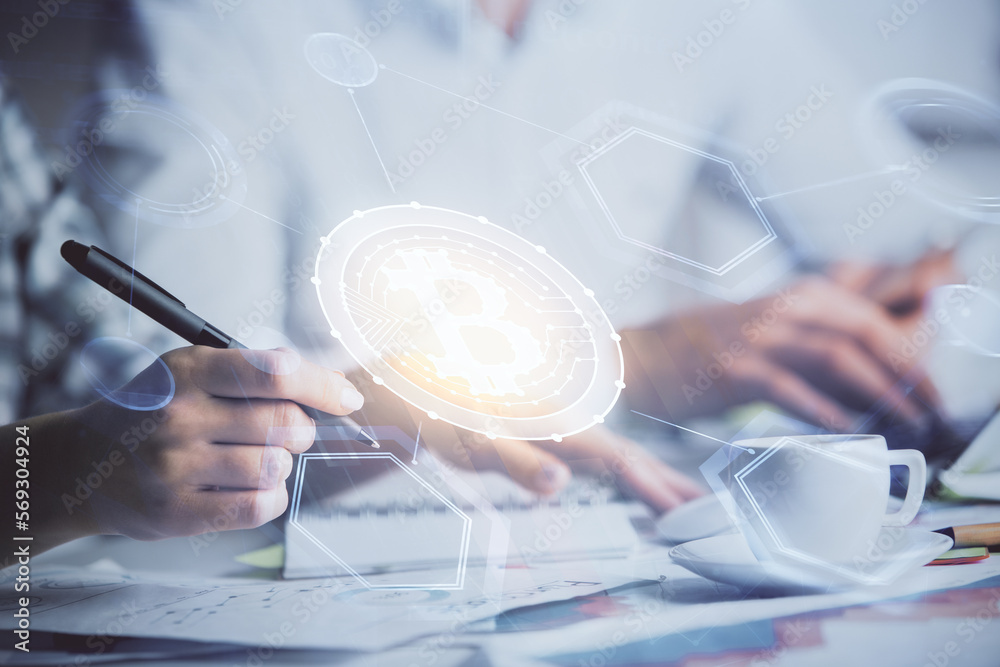 Poster double exposure of blockchain theme drawing over people taking notes background. concept of cryptocu