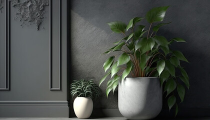 Interior background of room with gray stucco wall and pot with plant, 3d rendering