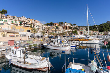 Fototapeta na wymiar traditional boats in front of the Santa Catalina neighborhood, Port of Soller, Majorca, Balearic Islands, Spain