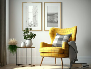 Interior design of living room with yellow armchair. Coffee table in room with white wall. Painting frame. Home interior