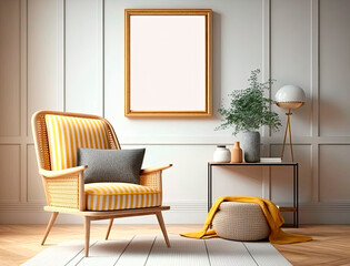 Interior design of living room with armchair and yellow plaid. Table in room with white wall. Mockup painting frame. Home interior