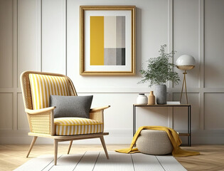 Interior design of living room with armchair and yellow plaid. Table in room with white wall. Mockup painting frame. Home interior