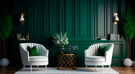Interior design of living room with white armchairs over the dark green planks paneling wall. Farmhouse style. Home design. 3d rendering