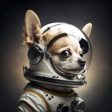 Ein süßer Chihuahua trägt einen Raumanzug und befindet im Weltall. Der tapfere Hund blickt kämpferisch in die unendlichen Weiten des Universums - Generative AI