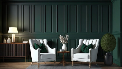 Interior design of living room with white armchairs over the dark green planks paneling wall. Farmhouse style. Home design