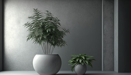 Interior background of room with gray stucco wall and pot with plant
