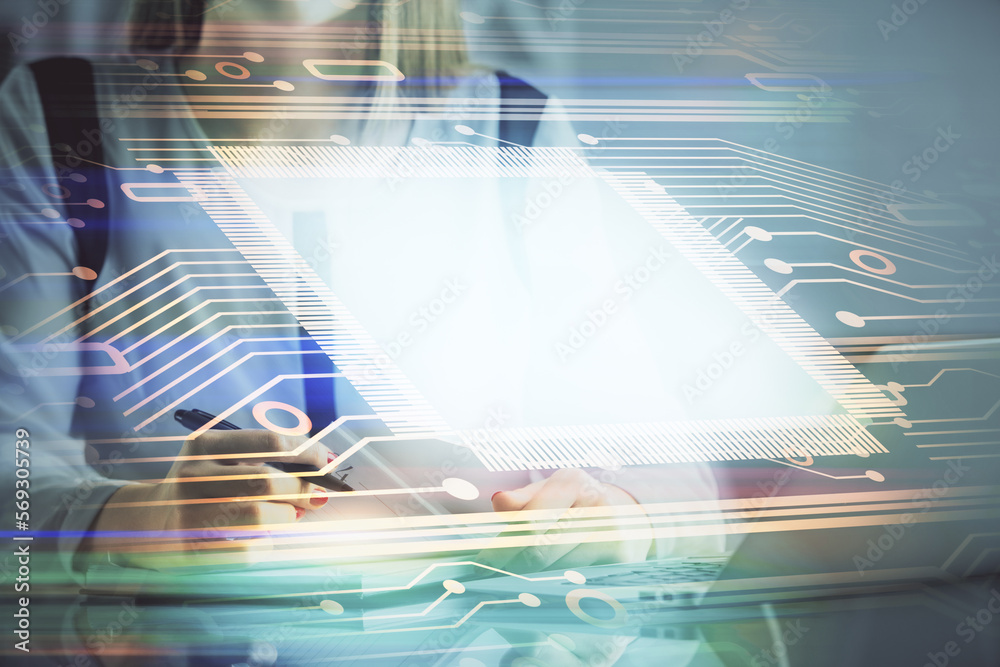 Poster multi exposure of woman hands working on computer and data theme hologram drawing. tech concept.